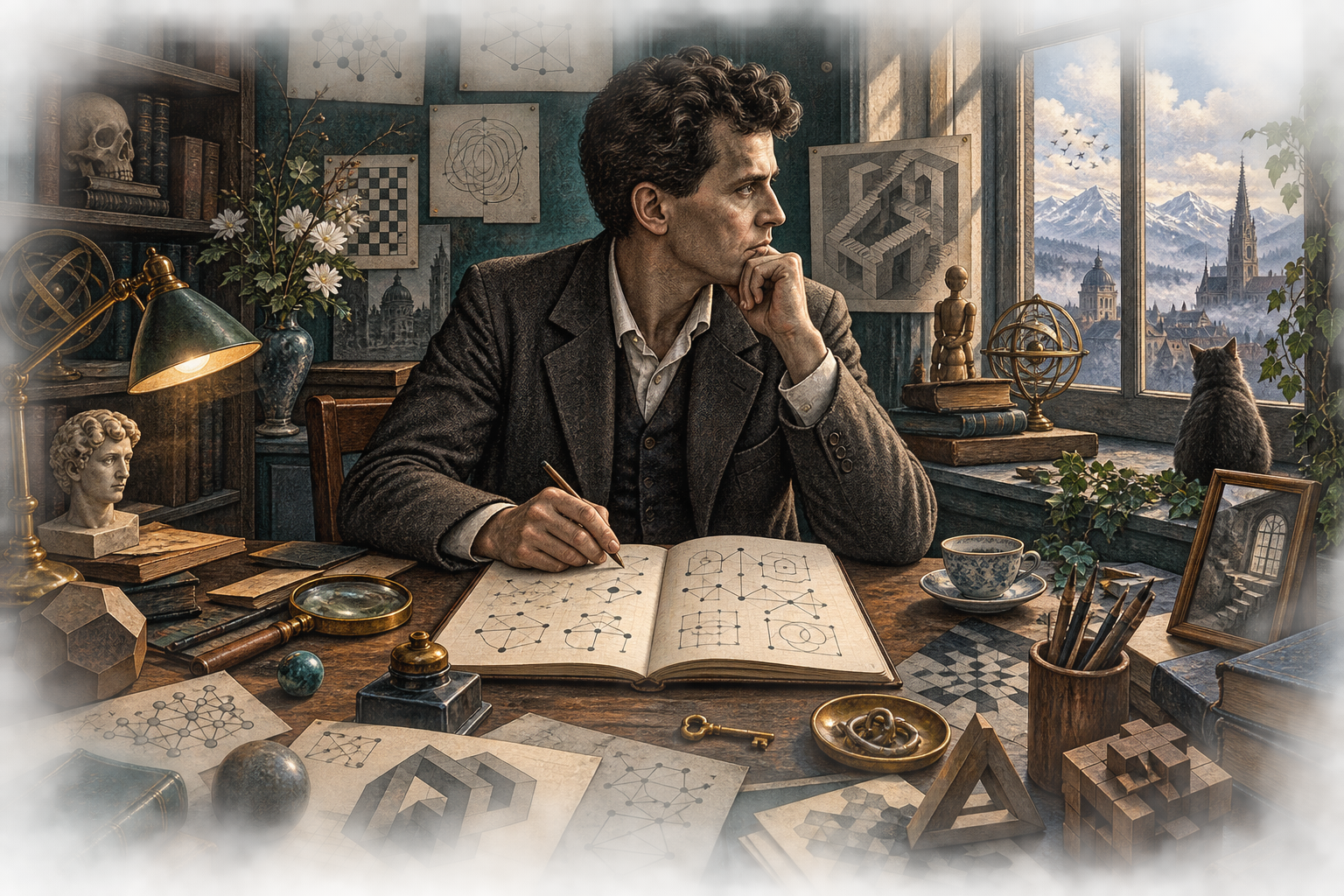 A philosopher seated in a study among geometric and logical objects